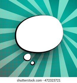 White round blank cloud dialog message style pop art bright blue background with rays. Shadow pattern dots. Retro template. Bright comic book background.