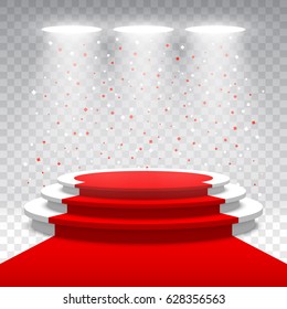 White Round Blank Podium With Red Carpet And Confetti On Transparent Background. Stage For Awards Ceremony. Pedestal. Spotlight. Vector Illustration.