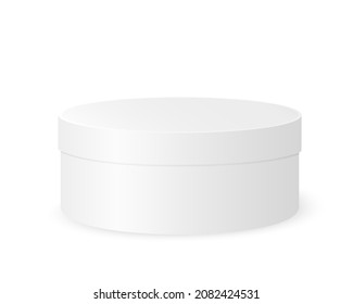 White round box mockup. Plastic, tin or cardboard package for product design. Container for gift, hat, cookies, cosmetics isolated on white background. Vector realistic illustration