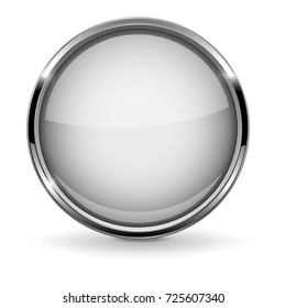 White round button with chrome frame. Vector 3d illustration isolated on white background