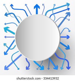 White round button with shadow and blue arrows