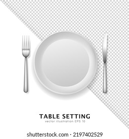 Weiße runde Keramik- oder Porzellanplatte mit Besteck. Realistisches Muster aus weißem Geschirr, Utensilien und Silbergabel, Messer. Draufsicht von 3D-leerem Geschirr, Geschirr-Vorlage auf transparentem Hintergrund