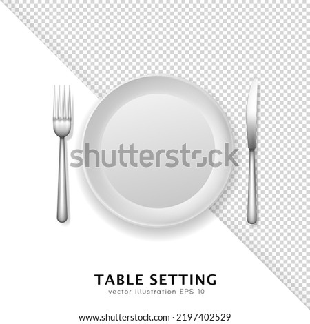White round ceramic or porcelain plate with cutlery. Realistic mockup of white crockery, utensil and silver fork, knife. Top view of 3d empty dishware, tableware template on transparent background