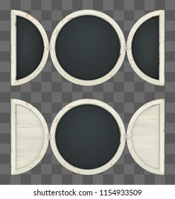 White round chalkboard with shutters. Wide vintage wood frame. Signage for drinks, cocktails.  Eps10 vector