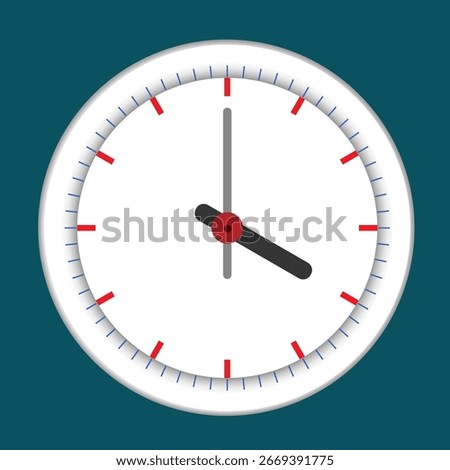 A white round clock with a blue-green background shows the time 4:00.