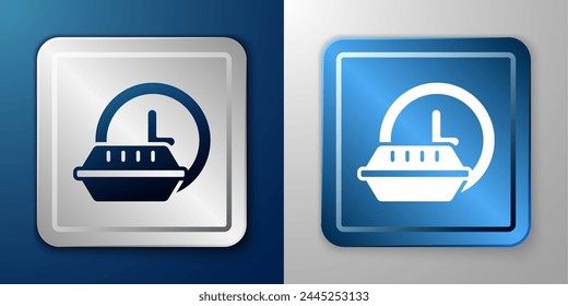 White Round the clock delivery icon isolated on blue and grey background. Silver and blue square button. Vector