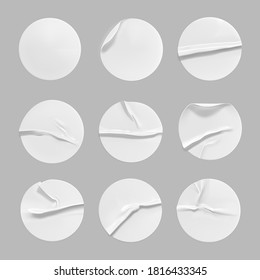 White round crumpled sticker mock up set. Adhesive clear white paper or plastic sticker label with glued, wrinkled effect on gray background. Blank templates label or price tags. 3d realistic vector