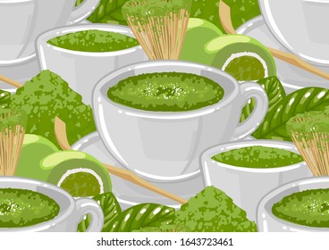 White round cups of matcha tea surrounded by green powder, leaves, whisk and mochi desserts. Vector repeated seamless pattern