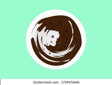 A white round dish with dirty chocolate stain on green background. Vector illustration.