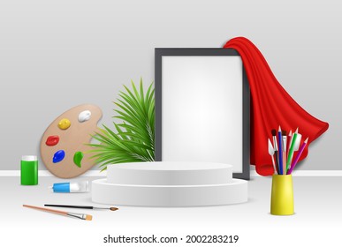 White round display podium, empty picture frame, palette, paintbrushes, pencils, vector illustration. Art background for advertising poster, banner, flyer etc.