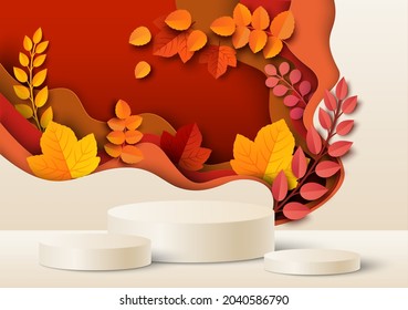 White round display podium mockup set, paper cut autumn season red and yellow leaves, vector illustration. Fall floral background for products advertising.