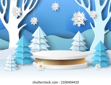 White round display podium mockup, paper cut winter forest landscape, vector illustration. Winter podium for gift, cosmetic product promotion. Season sales poster, banner template.