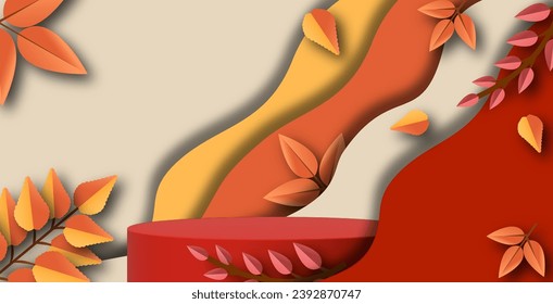 Modelación de podio de pantalla redonda blanca, corte de papel en otoño hojas rojas y amarillas, ilustración vectorial. Fondo floral de caída para publicidad de productos.