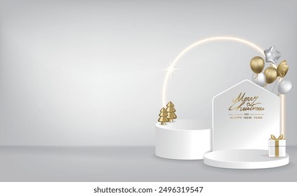 White round display stand with balloons and Christmas tree decorations, suitable for Christmas and New Year