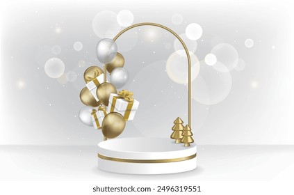 White round display stand with balloons and Christmas tree decorations, suitable for Christmas and New Year