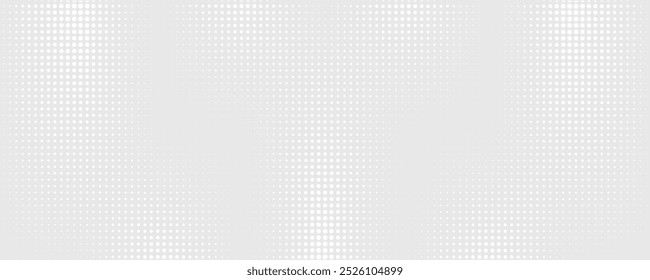 Textura de fondo gris claro de puntos redondos blancos, desvanecimiento del patrón de puntos de onda degradada, concepto de tecnología futura de líneas punteadas, escena de lunares digitales de semitonos Abstractas de big data.