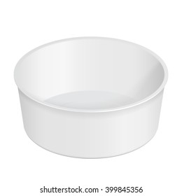 White Round Empty Blank Styrofoam Plastic Food Tray Container Box Opened, Cover. Illustration Isolated On White Background. Mock Up Template Ready For Your Design. Vector EPS10