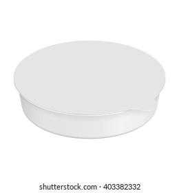 White Round Empty Blank Styrofoam Plastic Food Tray Can Container Box, Cover. Illustration Isolated On White Background. Mock Up Template Ready For Your Design. Vector EPS10