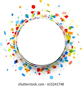 White round festive background with colorful figured confetti. Vector paper illustration.

