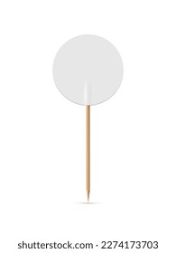 White round flag on wooden toothpick. Round paper topper for cake or other food isolated on white background. Blank mockup for advertising and promotions, location mark, map pointer. svg