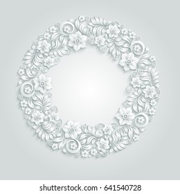 White round floral frame with leaves in 3D style