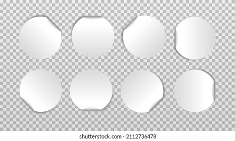 White round folded edge sticker set. Empty paper price tag templates with peeling corner. Blank layout for any notes. Vector illustration isolated on transparent background.