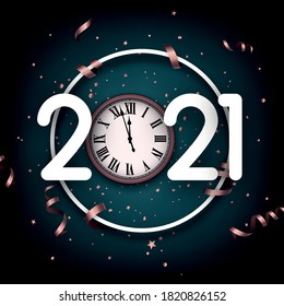 White round frame with white 2021 sign. Pink metallic clock showing three minutes to midnight instead of 0 in 2021. Pink metallic foil confetti and serpentine. Deep blue background. Vector 
