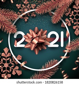 White round frame with white 2021 sign. Coral foil metallic bow instead of 0 in 2021. Coral confetti, serpentine, spruce branches and snowflakes with glitter. Green blue background. Vector 