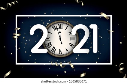 White round frame with white 2021 sign. Golden clock showing three minutes to midnight instead of 0 in 2021. Golden metallic foil confetti and serpentine. Deep blue background. Vector.