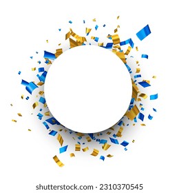 Marco redondo blanco con confeti azul y amarillo. Espacio para texto. Elemento de diseño. Ilustración vectorial.