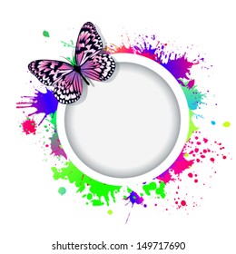 the white round frame from color spots with a butterfly, vector 
