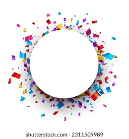 White round frame with colorful foil confetti. Space for text. Design element. Vector illustration.