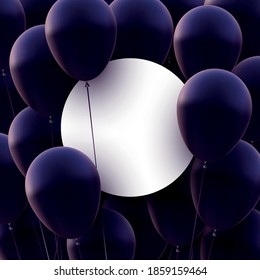 Weißer Rundrahmen mit dunkelmatten violetten Ballons mit Fäden. Platz für Text. Vektorfestivals.