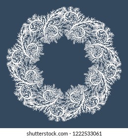 White round frame with frosty pattern, isolated on black background, Vector illustration