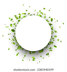 White round frame with green foil confetti. Space for text. Design element. Vector illustration.