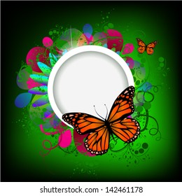 White round frame on a flower bright background with butterflies