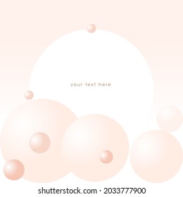 Marco blanco redondo y rosa pastel, polvo, bolas de melocotón sobre fondo desnudo. Plantilla de diseño de vectores para tarjetas, portadas, afiches, medios sociales.
