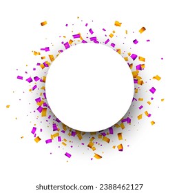White round frame with pink and yellow confetti. Space for text. Design element. Vector illustration.