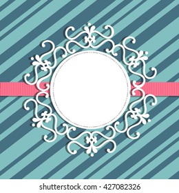 white round frame with a place for text or photo on striped background with ribbon