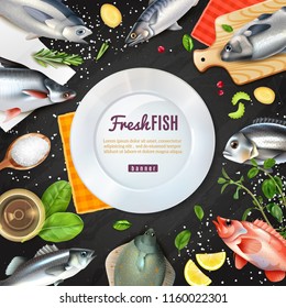 White round frame with varieties of fish for cooking with spices on black background vector illustration