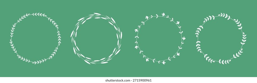White round frames with botanical images of flowers and herbs on green background. Wildflowers form round wreaths. Empty silhouettes of herbs in circle shapes for design, vector graphics
