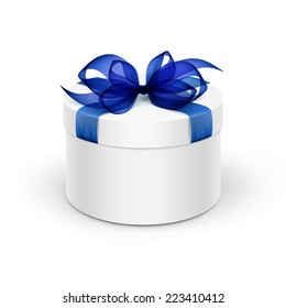 White Round Gift Box With Blue Ribbon And Bow Isolated On Background