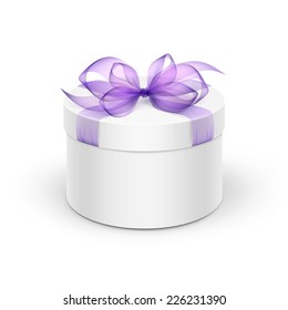 White Round Gift Box with Light Purple Violet Lavander Ribbon and Bow Isolated