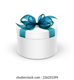 White Round Gift Box with Light Blue Turquoise Azure Ribbon and Bow Isolated on Background