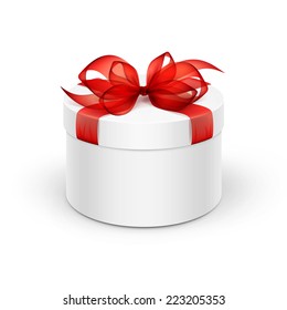 White Round Gift Box with Red Ribbon and Bow Isolated on Background