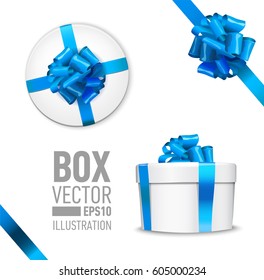 White Round Gift Box With Shiny Blue Beautiful Curly Bow And Ribbon. Top View, Side View. Isolated On Blue Background