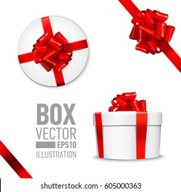 White Round Gift Box With Shiny Red Beautiful Curly Bow And Ribbon. Top View, Side View. Isolated On Blue Background
