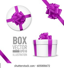 White Round Gift Box With Shiny Purple Beautiful Curly Bow And Ribbon. Top View, Side View. Isolated On Blue Background