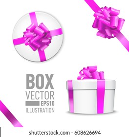 White Round Gift Box With Shiny Pink Beautiful Curly Bow And Ribbon. Top View, Side View. Isolated On Blue Background
