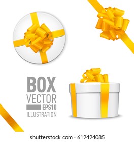 White Round Gift Box With Shiny Yellow Beautiful Curly Bow And Ribbon. Top View, Side View.